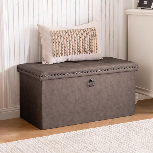 30 Inches Storage Ottoman Bench, Foldable Foot Rest with Rivet Design, 15 x 30 x 15 Inches, End of Bed Bench Footstool, Storage Chest, Load up to 330 lb, for Living Room, Bedroom, Entryway, Oak Brown