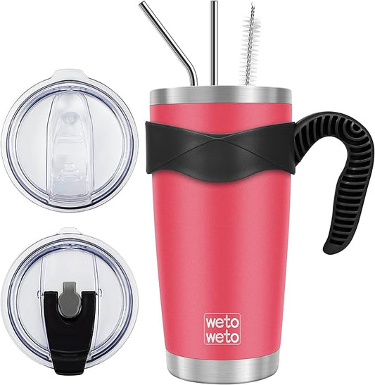 WETOWETO 20oz Tumbler with 2 lids and 2 straws, Stainless Steel Vacuum Insulated Water Coffee Tumbler Cup with Handle, Double Wall Powder Coated Travel Mug Thermal Cup (Watermelon Red, 1 Pack)