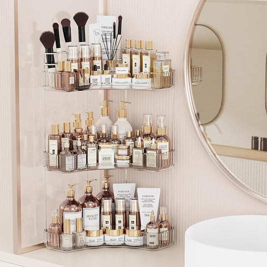 Asayuee 3-Tier Corner Bathroom Counter Organizer with Top Toothbrush Holders,Large Makeup Organizer Countertop with Brush Holder,Skincare Organizers Corner,Exquisite Vanity Organizer (Clear, 3 Tier)