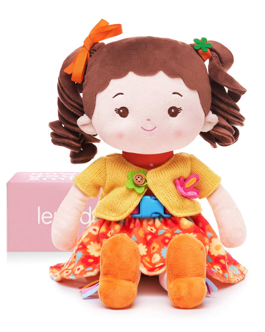 LeyaDoll Learning Sensory Doll for Toddlers, Montessori Toys for 2-Year-Old Girls Christmas, Birthday Gifts, Plush Doll with Zipper, Shoelace, Button-Busy Flora Girl