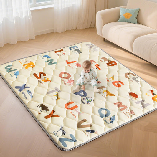 Baby Play Mats for Floor - 65”x50” Playmat for Babies - Foldable Soft Foam Mat for Toddlers - Machine Washable & Non-Slip Thick Play Mat for Picnic Portable - Animals Alphabet Design