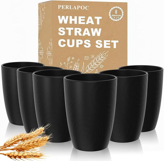 Wheat Straw Drinking Glasses Set of 6, Unbreakable 16 OZ Water Cup with Unique Pattern, Alternative to Plastic Reusable Cups for Kitchen & Outdoor, Dishwasher Safe Cup Set, Black