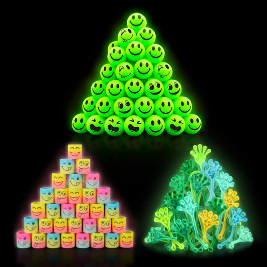 4E's Novelty 108 Pcs Glow in The Dark Toys - 36 Bouncy Balls, 36 Coil Spring, 36 Sticky Hands, Bulk Party Favor or Kids Goodie Bags Birthday Party Supplies, Easter Egg Filler & Basket STuffers