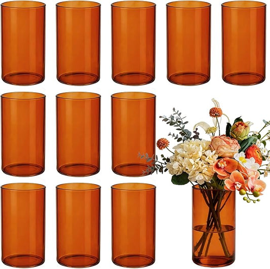 TBWIND 12pcs Amber Glass Cylinder Vases for Centerpieces, 6 Inch Bulk Flower Vases for Wedding Decorations, Hurricane Candle Holder for Floating Candles and Table Home Decor