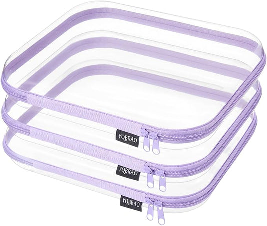 YQBRAO 3-Pack Large Clear Hard Shell Zipper Case, 1.2mm Ultra-Thick Rigid Toy & Closet Organizer, Heavy-Duty Diaper Bag Pouch Set with YKK Zippers, Waterproof Travel Storage (Purple)