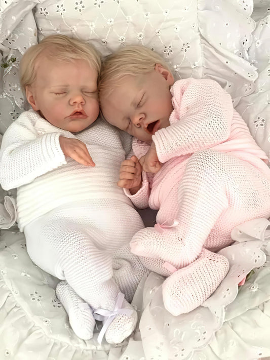 Ardol 18 Inch Realistic Reborn Baby Doll Twins - Lifelike Reborn Full Body Vinyl Boy & Girl Set with Golden Hair Sleeping Cuddly Doll Collectible Gift Set