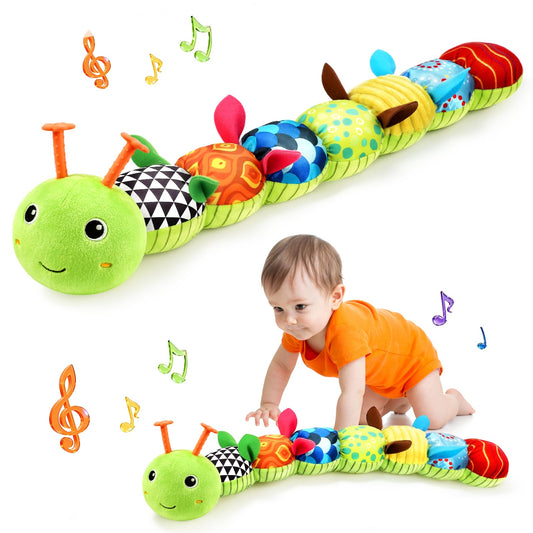 Baby Toys Musical Caterpillar, Infant Stuffed Animal for 0-6 6-12 Months with Crinkle and Rattles, Tummy Time Sensory Toys Newborn Boys Girls Gifts 0 3 6 9 12 Months - Green