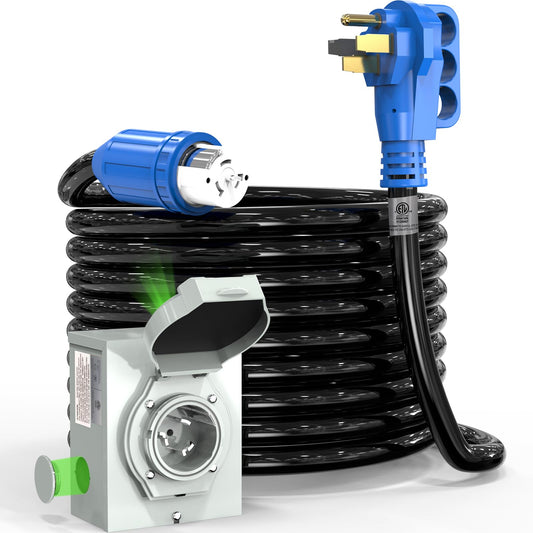 50 Amp Generator Cord and Power Inlet Box, 30FT 4 Prone RV Extension Cord, 125/250V NEMA 14-50P Male to SS2-50R Twist Locking Connector, STW 6/3+8/1 AWG, Transfer Switch for Home Generator