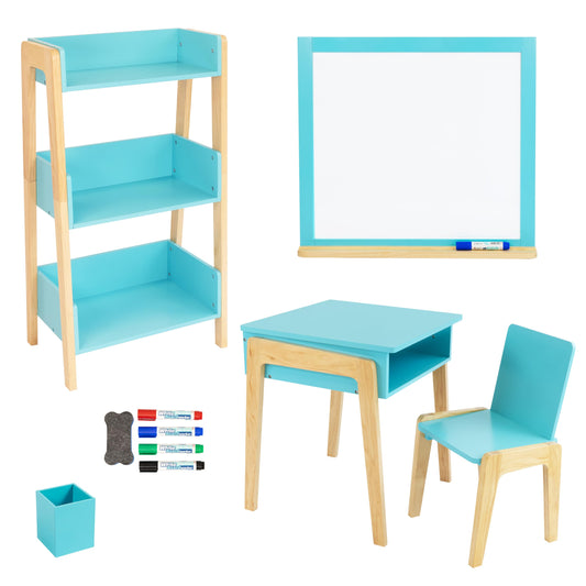 Humble Crew Kids Playroom Set, Desk and Chair with 3-Shelf Bookcase, Dry-Erase Whiteboard, & Markers, All-in-One Toddler Activity Table Set for Learning, Art & Organization