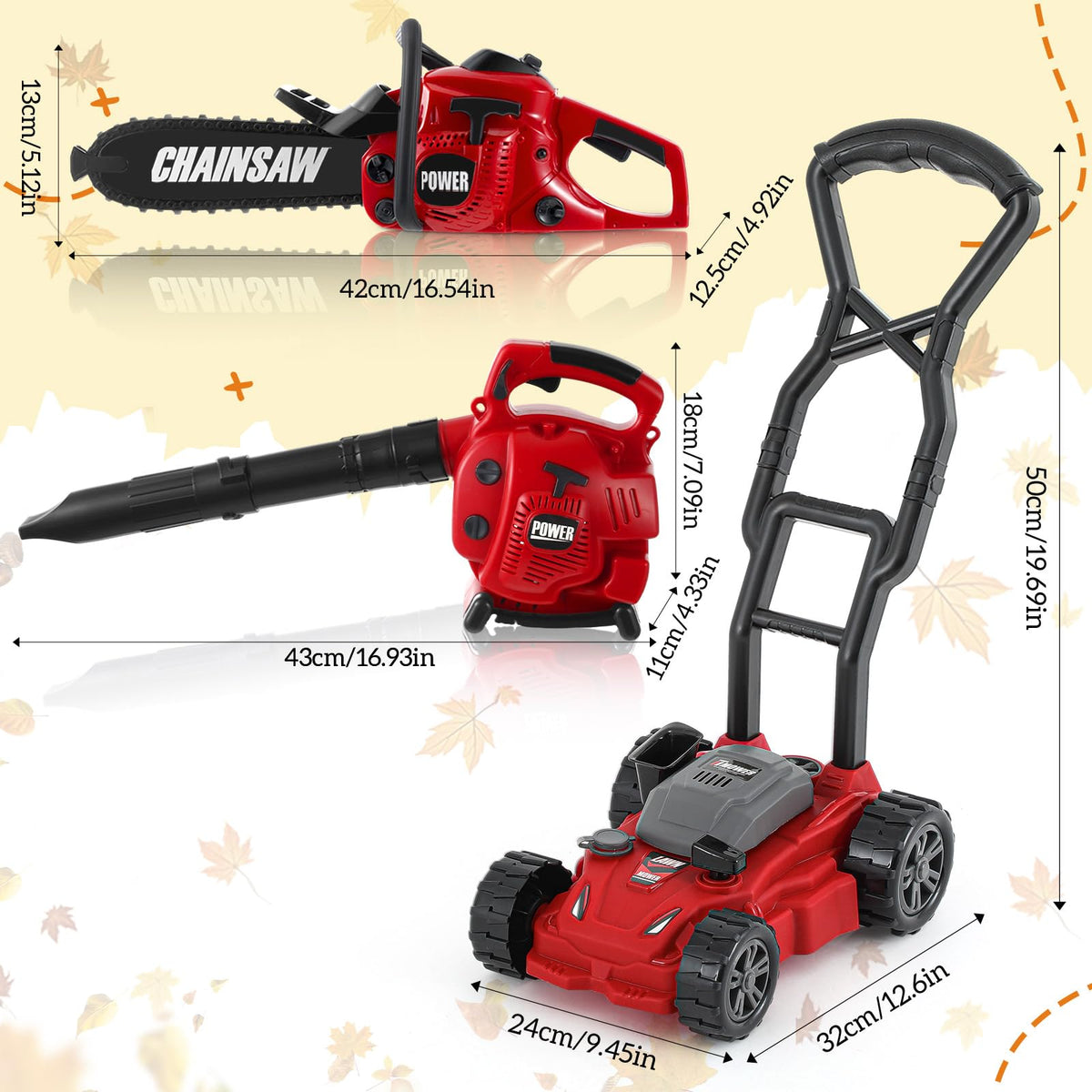 Arrowbash 3-in-1 Kids Gardening Toy Set, Toy Leaf Blower & Chainsaw & Push Lawn Mower with Realistic Sound, Outdoor Backyard Play Educational Learning Birthday Summer Gift for 3-8 Boys Girls