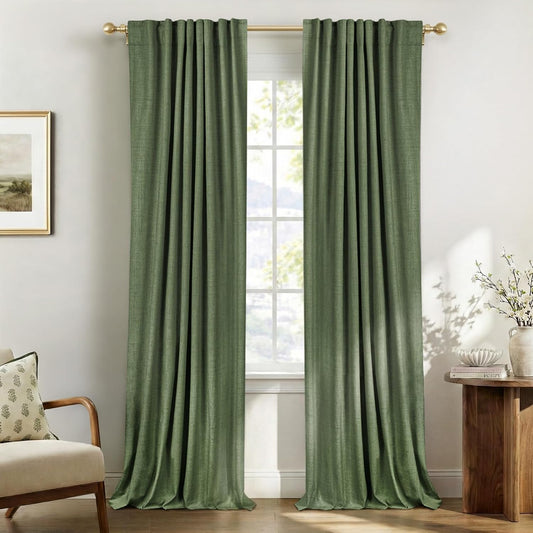 Skiennix 100% Blackout Olive Green Linen Curtains - Thermal Insulated Drapes, 2 Panels Set, 50" W x 96" L