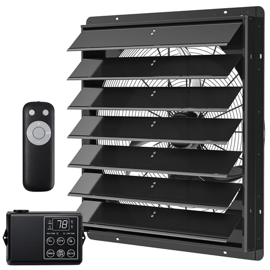 30in Shutter Exhaust Fan with Thermostat,Wall Mounted Attic Ventilation Fan,7000CFM,8m/s,Window Shutter Exhaust Fan with Remote,Controller,3Speed,Timer,All-Metal for Garage,Greenhouse,Attic,Coop,Black
