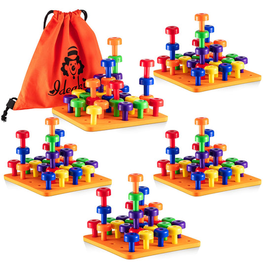 Shappy Toddler Peg Board Kids Montessori Colorful Stackable Toys 120 Pcs Pegs with 4 Foam Board 4 Sets Learning Educational Toy for Preschool Color Recognition Counting Skill with Lacing String Bag