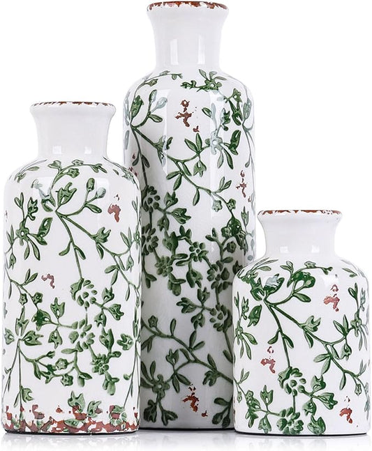 Green Ceramic Vase Set - 3 Chinoiserie Green Floral Vases, Farmhouse Country Flower Vase Home Decor, Living Room Decoration, Table Decoration, Fireplace Decor, and Entrance Decorations Centerpiece
