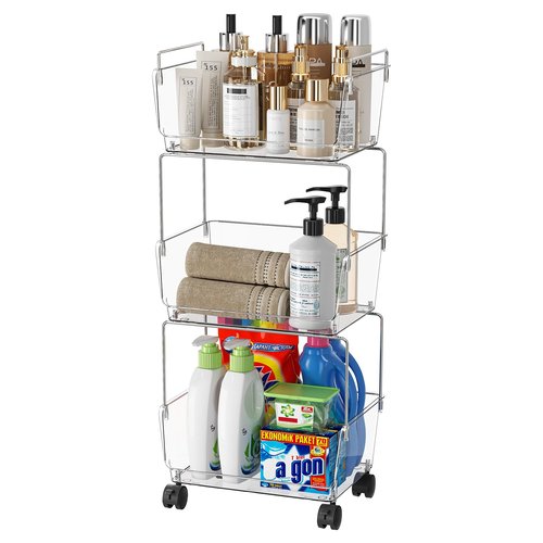 Delamu 3 Tier Rolling Cart for Kitchen, Bathroom, Office, Acrylic Utility Storage Carts with 2 Lockable Wheels, Ideal for Small Spaces, Pantry, Classroom, Makeup Organizer, Dorm Storage, Clear