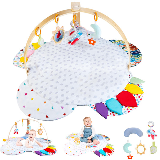 Wooden Baby Activity Gym with Detachable Sensory Toys | Montessori Developmental Play Gym for Infants | Wooden Frame Baby Toy | Foldable Baby Gym