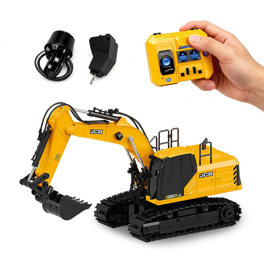 Official JCB BRRRRT 3-in-1 Remote Control Excavator Construction Vehicles with Drill Bit, Grab Bucket & Digging Hook, 14-Channel RC Excavator with Lights & Sounds for Kids Ages 3+