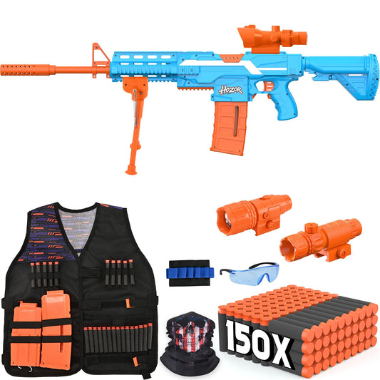Hozor TriFireX Rechargeable Motorized Blaster Tactical Vest Kit, Multi-Play Styles, 3 Firing Modes, 2 Clips, 150 Foam Darts, Kids Toys & Gifts.