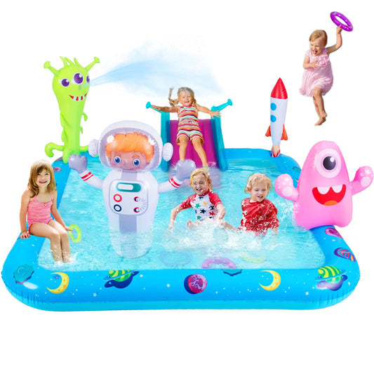 Inflatable Play Center Pool with Slide, Space Astronaut Square Kiddie Pool, 94.5" Square Outdoor Water Play Center with Sprinkler & Ring Toss for Summer Outdoor, Garden/Backyard Fun