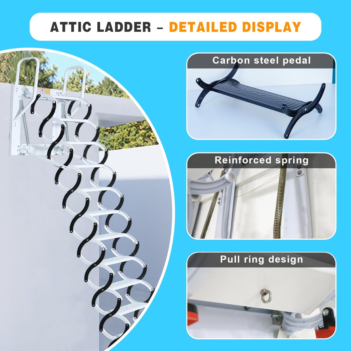 12 Steps Wall-Mounted Attic Ladder, Attic Pull Down System, Retractable Ladders for Loft, Metal Folding Attic Ladder Telescoping Steps, Pull Down Stairs for Attics Garages Roofs (White, 12 Step)