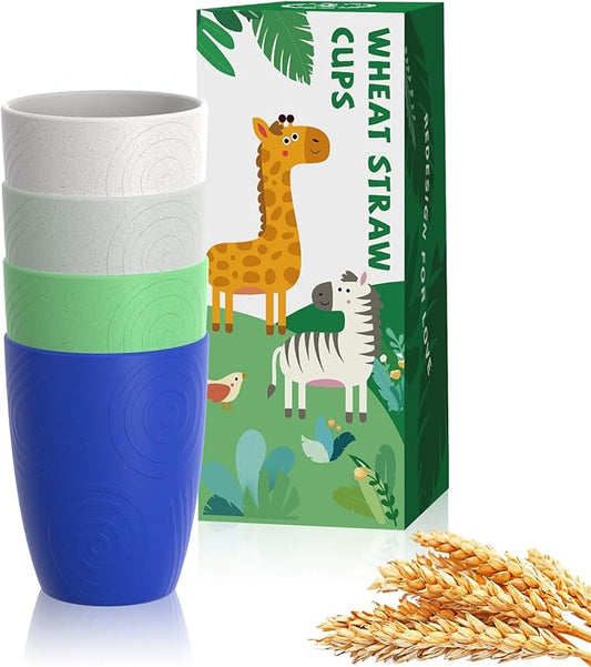 Homienly Drinking Glasses & Everyday Kids Tumblers Wheat Straw Cups 4-Pack Set | Textured Reusable Plastic Cups Essential Kitchen Cups | Dishwasher Safe for Party, Home, Camping (12 oz, Island Color)