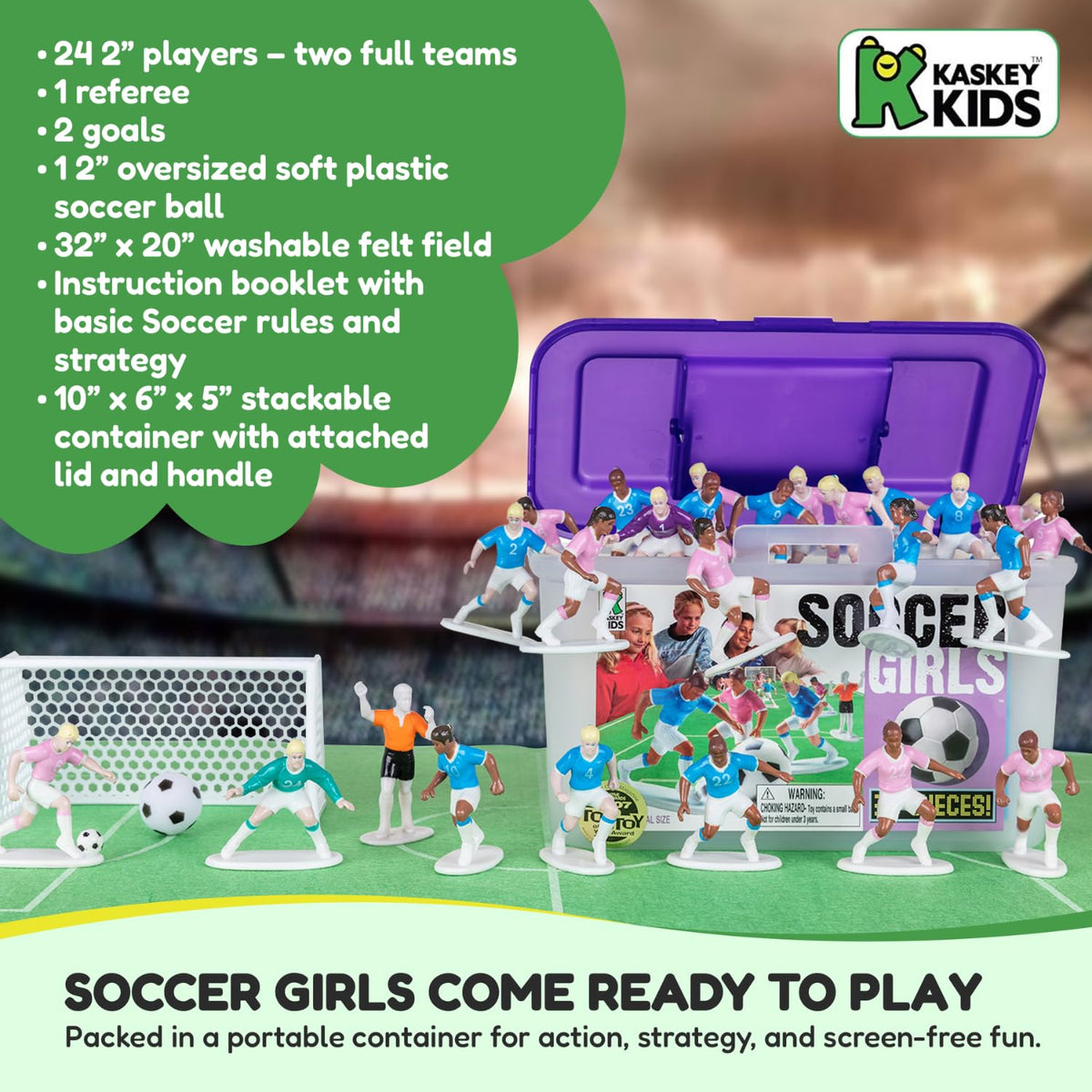 Kaskey Kids Soccer Girls, Pink vs. Blue, 27 Pieces in Each Set, Includes 2 Teams, Accessories, and Travel Storage Case, Nostalgic Sports Action Figures for Imaginative Play, Ages 3 and Up