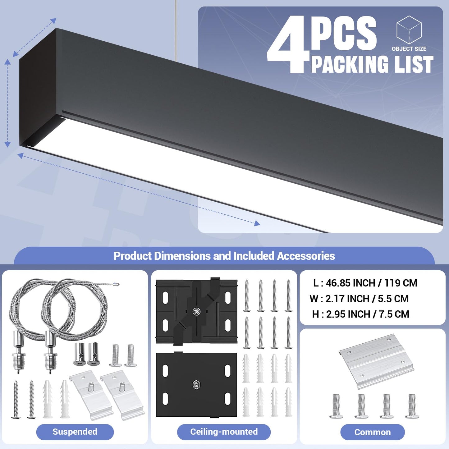 4FT LED Linear Lights 50/45/40/35/30W Up and Down Light, 3000/4000/5000K 4 Feet Commercial Shop Lighting for Office Garage Basement Shop Dining Room bar, Dimmable 4’ Architectural Fixture-4Pack
