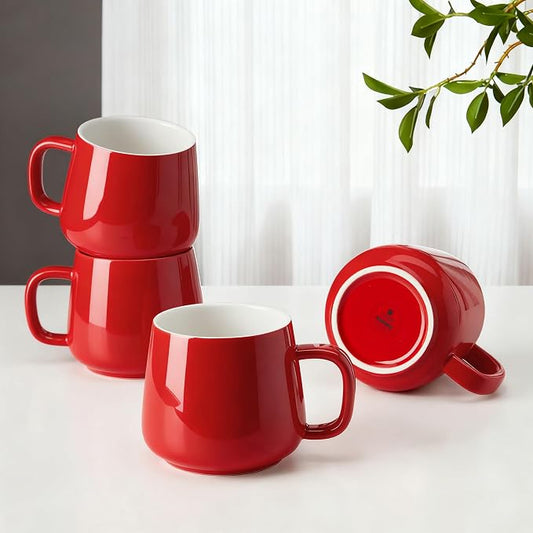 Teocera Ceramic Coffee Mug Set of 4-12 oz Coffee Mugs with Large Handles for Hot or Cold Drinks Like Latte, Cocoa, Tea or Juice - Smooth Ceramic, Dishwasher Safe, Red