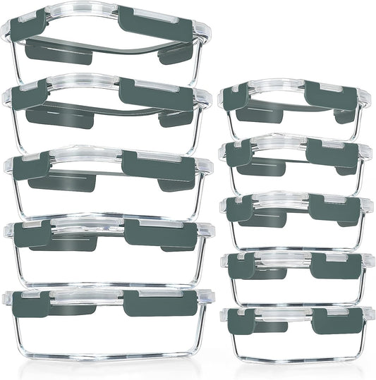 VERONES Glass Meal Prep Containers - 10 Pack Airtight Storage Set with Lids | BPA-Free, Stackable, Microwave & Oven Safe, Grey