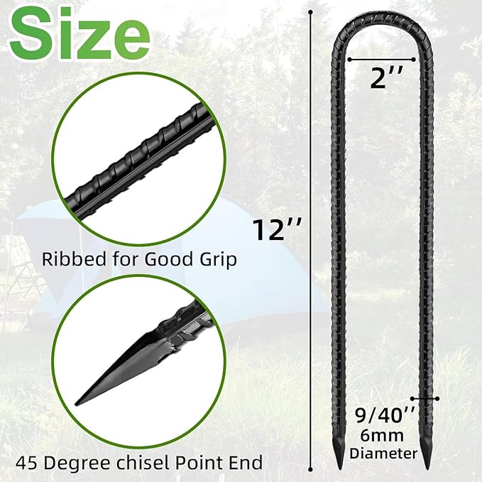 Black Trampoline Stakes Anchors High Wind 12inx6mm Galvanized U Hook 6pcs Rebar Stakes – Heavy Duty Ground Anchors for Trampoline,Yard & Inflatable,Landscape Metal Stakes for Outdoor Decorations
