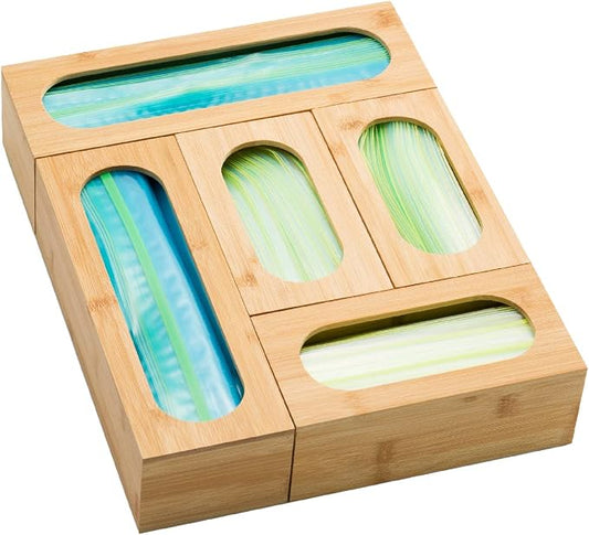 Bartnelli Sandwich bag organizer for Baggie Storage Organization, 5 PC Premium Bamboo Kitchen Drawer Organizer, Bag Holder Dispenser
