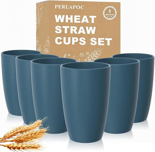Large 20 OZ Wheat Straw Cups, Unbreakable Drinking Glasses Set of 6, Alternative to Reusable Plastic Cups, Dishwasher Safe Tumblers for Kitchen Outdoor Camping RV, Blue