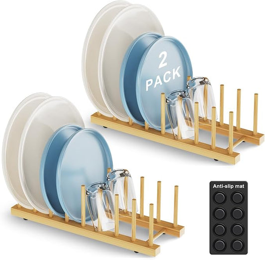Bamboo Dish Drying Rack for Kitchen Organizer-Sturdy Plate Rack Organizer with Natural Bamboo, Dish Rack Holds Plates, Cups & Cutting Boards-Dish Drying Rack for Countertop & Cabinets（2 Pack）