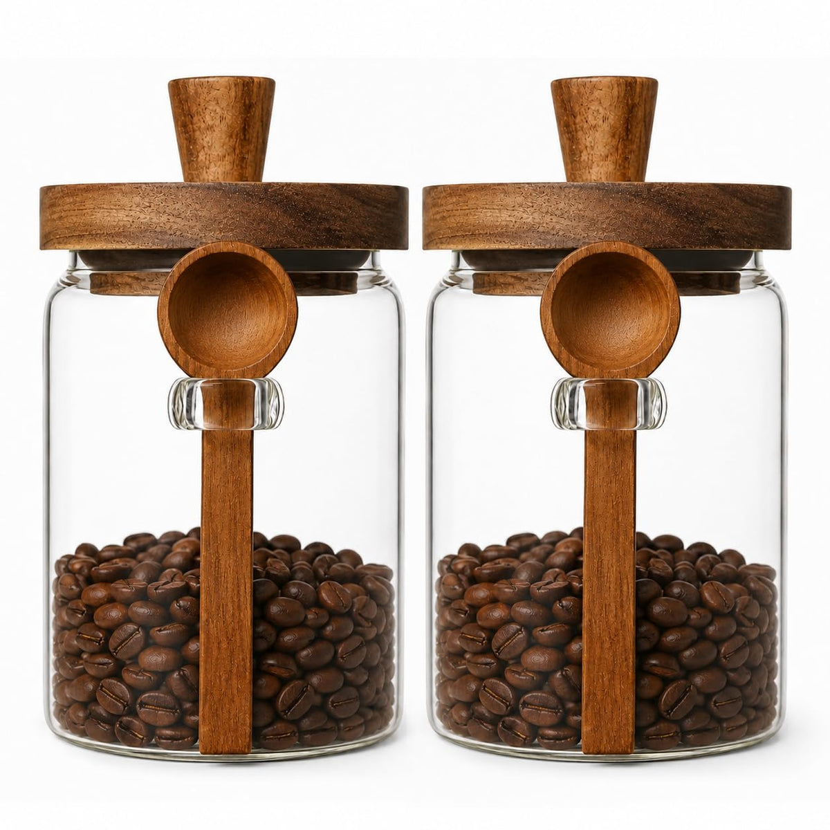 ANSQU Set of 2 Glass Food Storage Jars with Woodens Lid and Spoons, 20.3oz Glass Kitchen Canisters for Coffee, Tea, Cereal, Spice and Canning, Mason Jars, Cute Jars