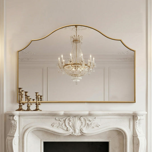 Besdomus Large Scalloped Gold Mirror: 47"x31" Modern Minimalist Wood Frame Wall Mirror - Decorative Vanity Arched for Bathroom/Dresser/Entryway/Fireplace/Living Room - Stylish Home Decor