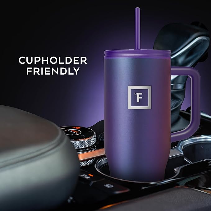 IRON °FLASK Co-Pilot Insulated Mug w/Straw & Flip Cap Lids - Cup Holder Bottle for Hot, Cold Drink - Leak-Proof - Water, Coffee Portable Travel Mug - Cobalt Blue, 40 Oz