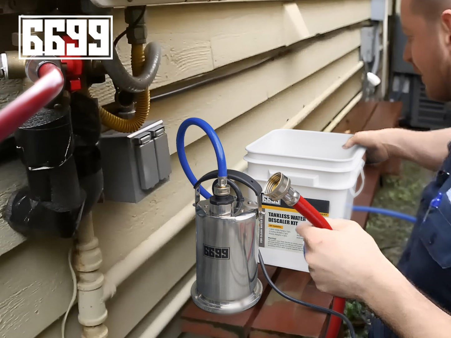 6699 Tankless Water Heater Flushing Kit Includes 1/4HP Stainless Steel Sump Pump with Two Adapters & 3 Gallons Pail with Bucket Lid Opener & Two 1/2” Dia X 6’ Hoses with Washers