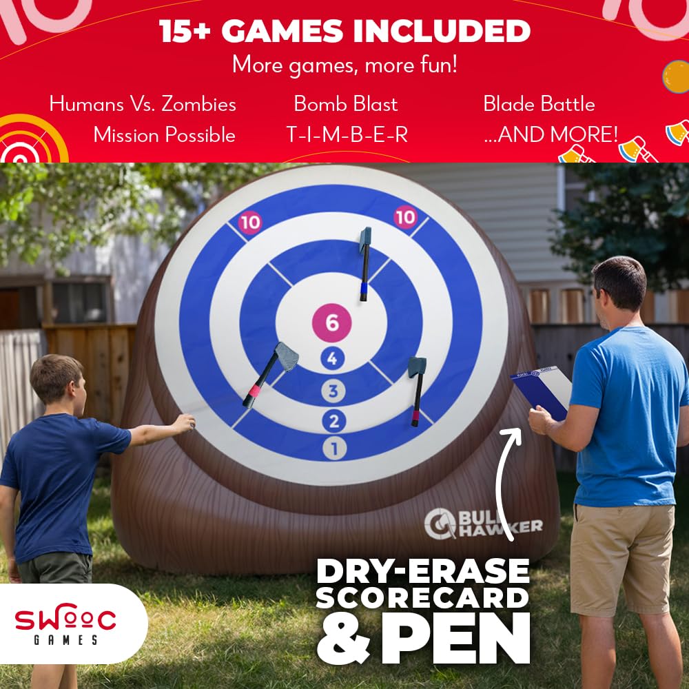 Swooc Games® - XL Bull Hawker™ | Giant Axe Darts (Over 8ft Tall) w/ 15+ Games | Axe Throwing Game for Backyard w/Air Pump | Outdoor Games for Adults and Family | Carnival Game | Throwing Yard Fun