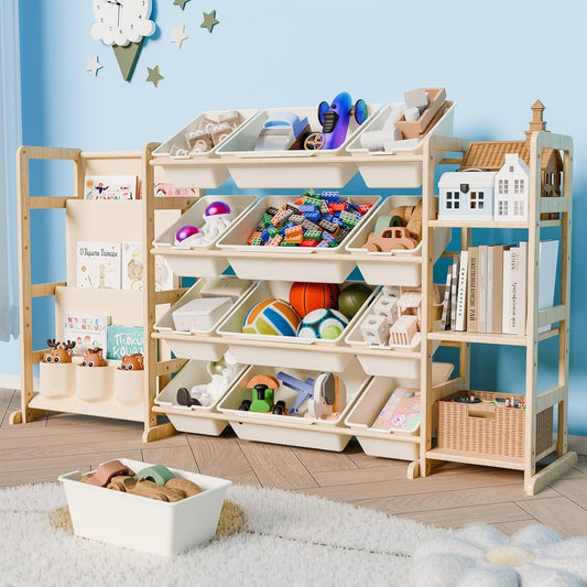 rhinowisdom Large Toy Storage Organizer with 12 Bins, 4-Tier Bookshelf & 3 Side Shelves, 59" Wide Kids Room Organization, Easy Assembly for Playroom, Bedroom, Nursery Room, White