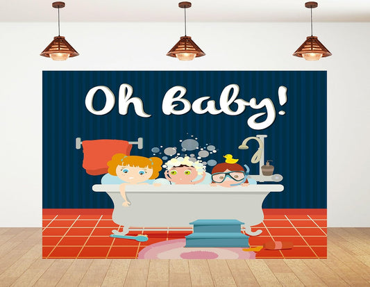 KeyWork 10x7ft Oh Baby Bathroom Theme Photography Backdrop Kids in Bathtub Design with Blue and Orange Background