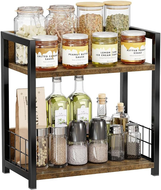 Simple Trending Countertop Shelf Organizer, 2 Tier Kitchen Spice Rack, Coffee Bar Station Storage, for Kitchen Cabinet Bathroom Living Room, Brown, M