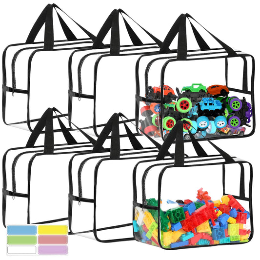 6 Packs Widen X-Large Toy Storage Bags 12.6×9.25×6.9In with Labels, Reusable Clear PVC Board Game Storage, Travel Waterproof Organizer Bags with Zipper for Building Blocks, Puzzle, Stuffed Animals