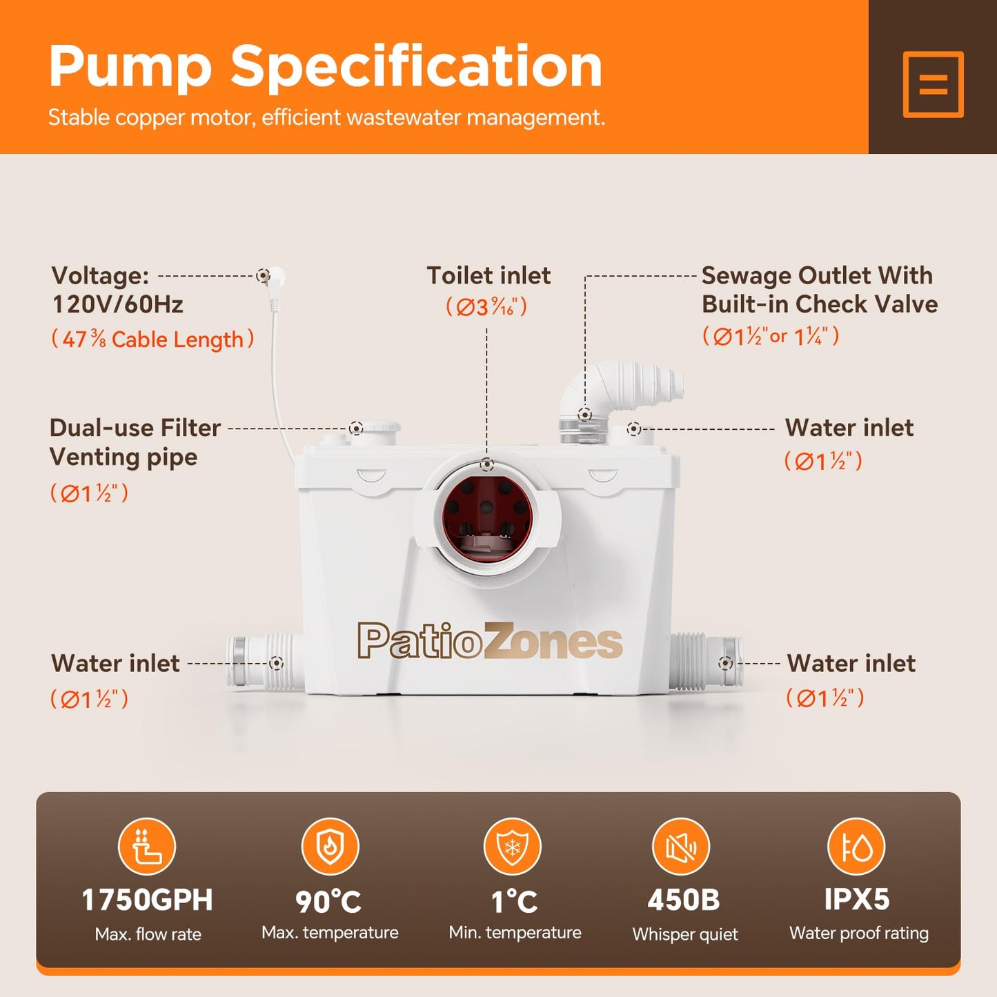Macerating Toilet Kit/Combo for Upflush System, Toilet with Pump, Heated Toilet Seat, Quiet Copper Motor Sewage Macerator Pump with 4 Inlets for Basement/Sink/Shower, 23ft Lifting Up