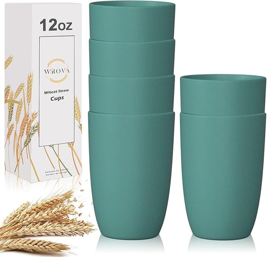 Wrova Wheat Straw Cups 6 PCS Good Alternative to Plastic Reusable Cups 12 oz Unbreakable Drinking Cup Reusable Dishwasher Safe Water Plastic Glasses Green