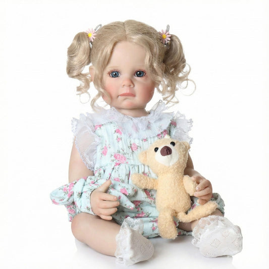 Tookyhill Lifelike Reborn Baby Doll - 22 Inch Realistic Blonde Toddler Doll with Curly Hair, Blue Eyes & Soft Plush Bear, BPA-Free Poseable Full Body Vinyl Real Life Doll for 3+ Kids Pretend Play