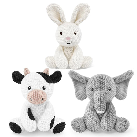 okegztoa 3Pcs Kids Stuffed Animals Toys 7-8" Knitted Crochet Bunny Plush Cute Elephant Cuddly Cow Cotton Animal Plush Toy Set Gift for Girls Boys and Babies, Christmas, Easter