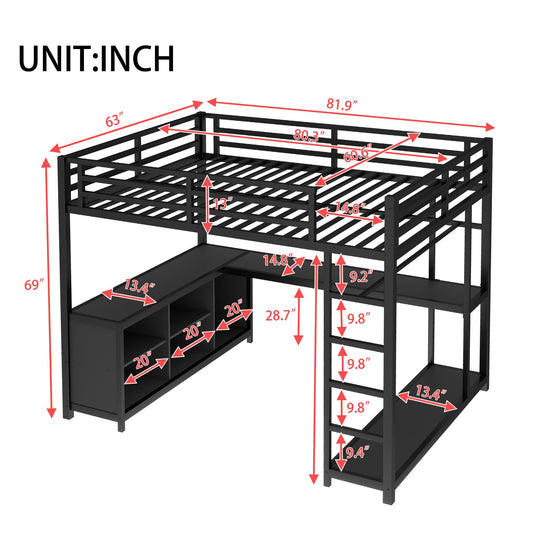 Bellemave Queen Size Loft Bed with Desk & Clothes Rack, All-in-One Heavy Duty Metal Loft Bed Frame with Storage Cube & Shelf, Space Saving Loft Bed Queen Size for Adult, Teen, Kids, Apartment, Black