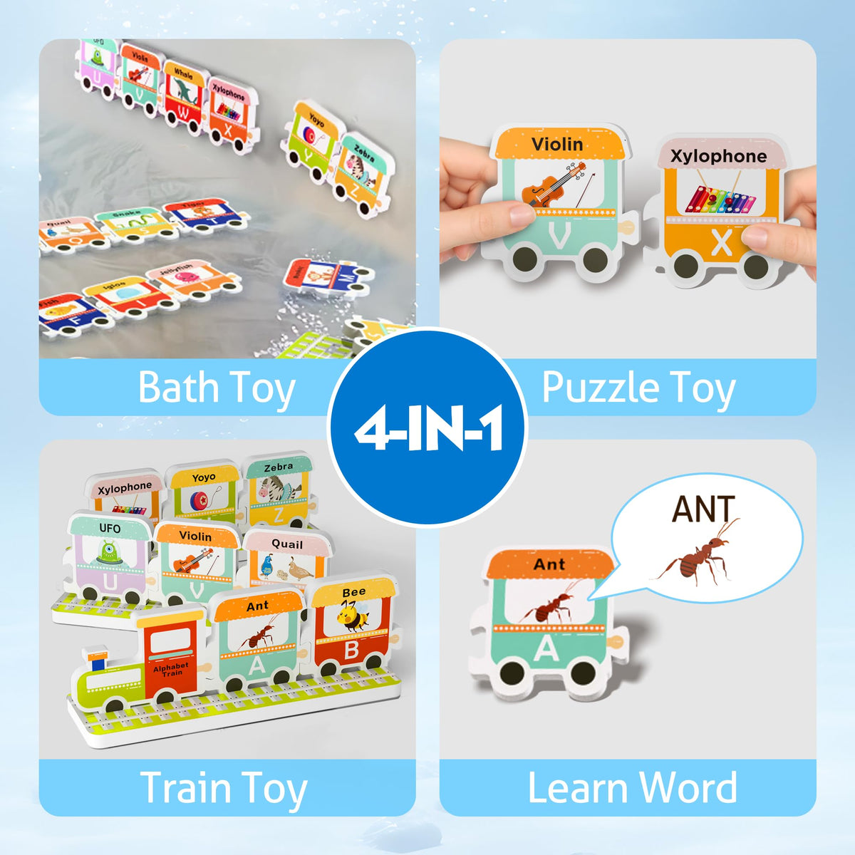 iPlay, iLearn Bath Toy Organizer W/Foam Letters, Toddler Bathtub Toy W/Storage Net, 32 Floating Alphabet Train Puzzle Bathtime Shower Water Play, Learning Birthday Gift 3 4 5 6 Year Old Kid Boy Girl