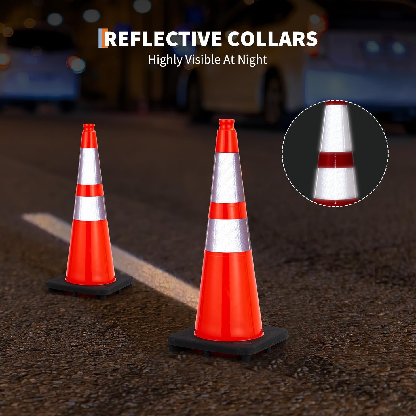 28 Inch Traffic Cones with Black Weighted Base,Orange Rubber Parking Cone w/ 2 Reflective Collar,PVC Traffic Safety Cones for Road Control, Construction Events, Driveways, and Parking Lots