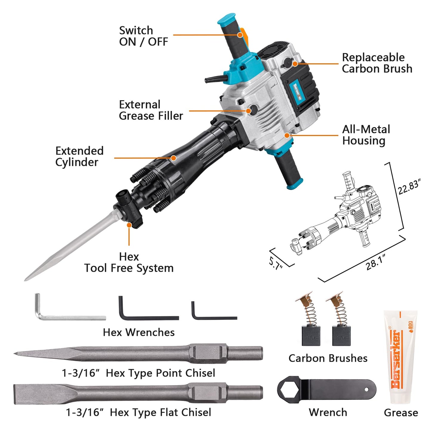 Berserker 2100W 50-Pound Demolition Jack Hammer with 1-3/16" Hex, 17-Amp Corded Electric Heavy Duty Demo Chipping Hammer Concrete/Pavement Breaker with Carrying Case Flat Chisel Bull Point Chisel